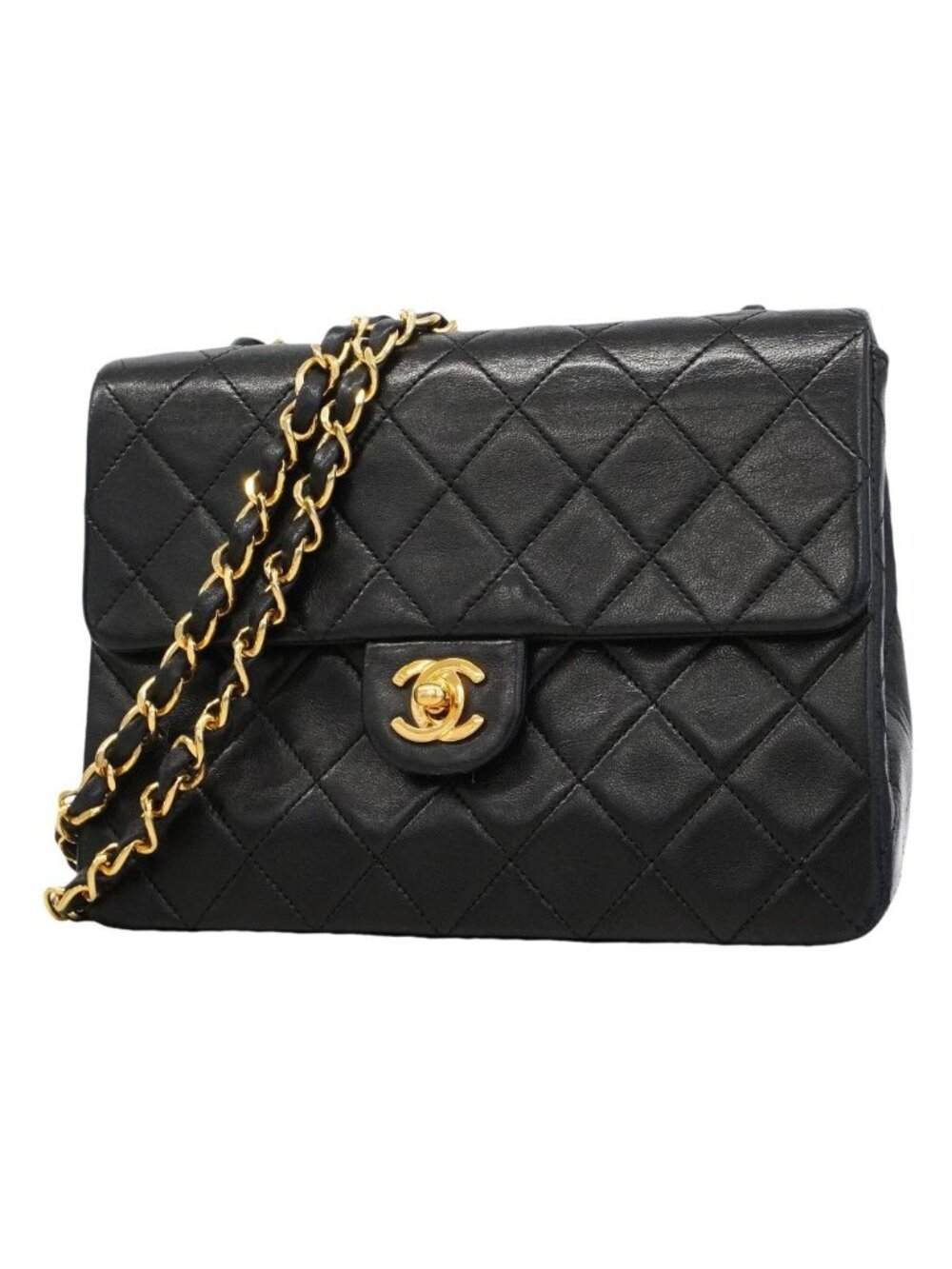 Chanel Shoulder Bag Mini Quilted Lambskin Black Gold